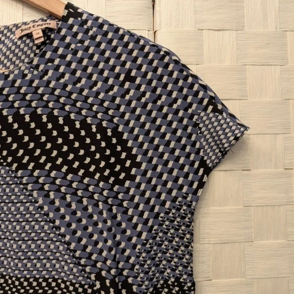 Juicy Couture Blue Geometric Abstract‎ 100% Silk Cap Sleeve Ruffle Dress 10